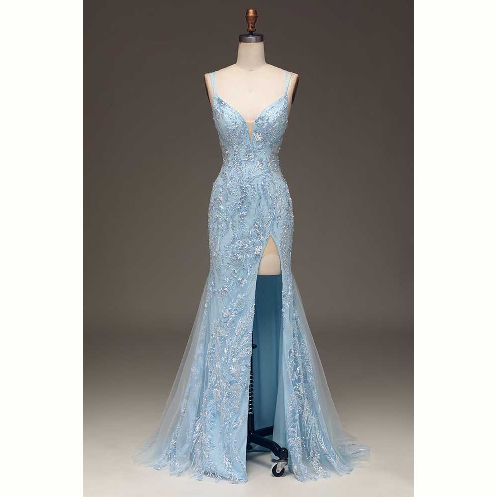 Elegant Satin Evening Gown Split - Elegante Hellblaue Satin Frauen Abend Party