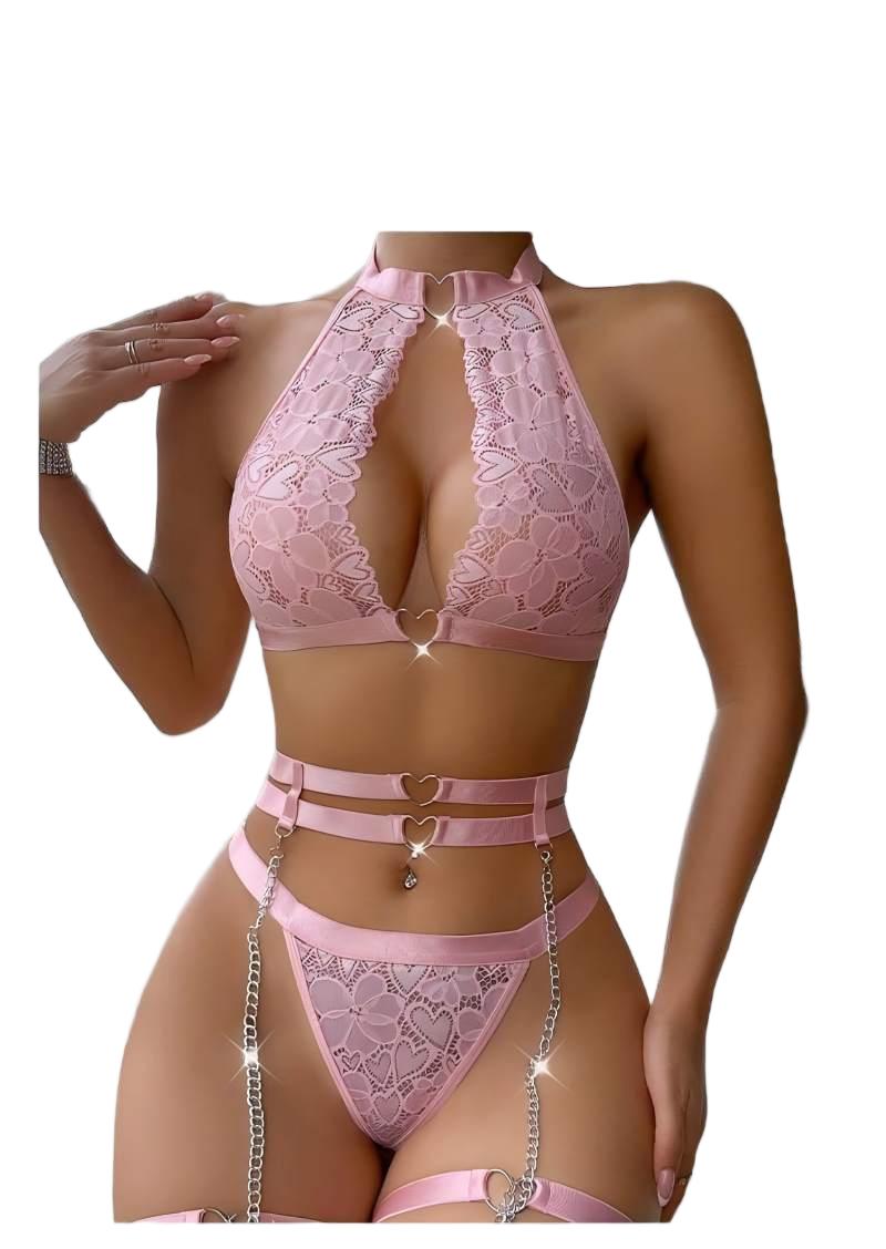 Lingerie - Sexy Dessous-Set mit Push-up-Effekt, Spitzen-Strumpfhalter, Choker,