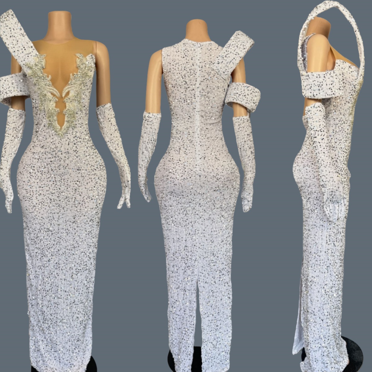 Sparkly Rhinestone Club Party Dress - Glitzerndes Strass-Kleid mit tiefem V-Ausschnitt, langes