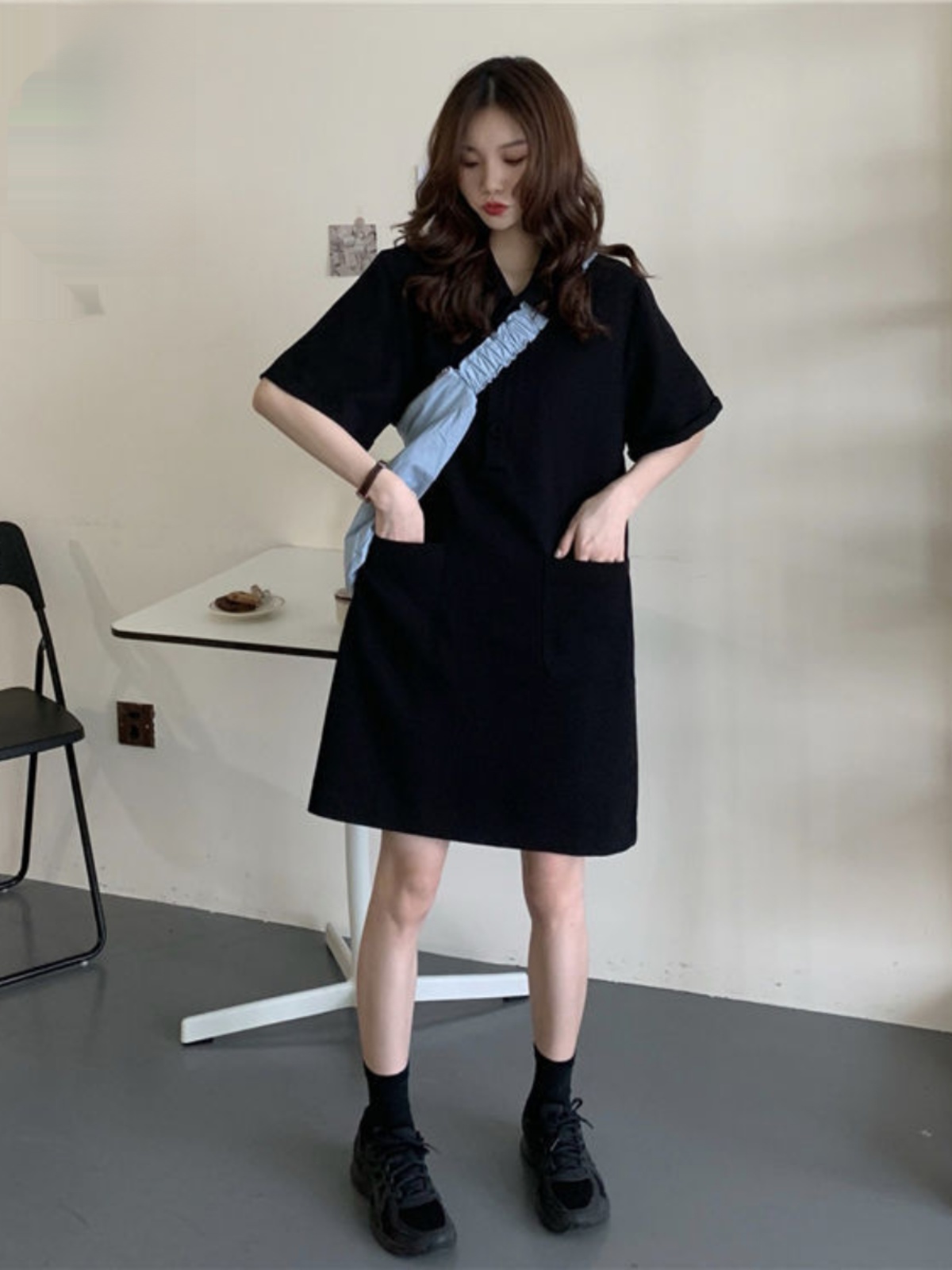 Korean Style A Line Shirt Dress - Plus-Size A-Linien-Kleid mit Kragen, Kurzarm, Sommer-Hemdkleid,