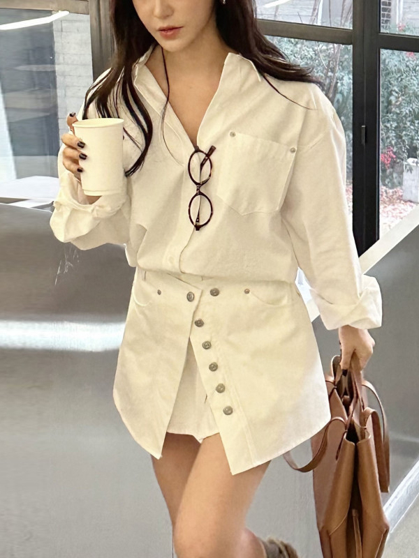 Korean Style A Line Shirt Dress - Weißes Hemdkleid für Damen im koreanischen