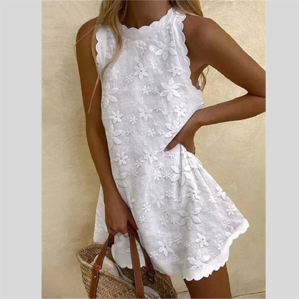 French Vintage Floral Midi Dress - Casual Weiß Spitze Mini Kleid Frauen