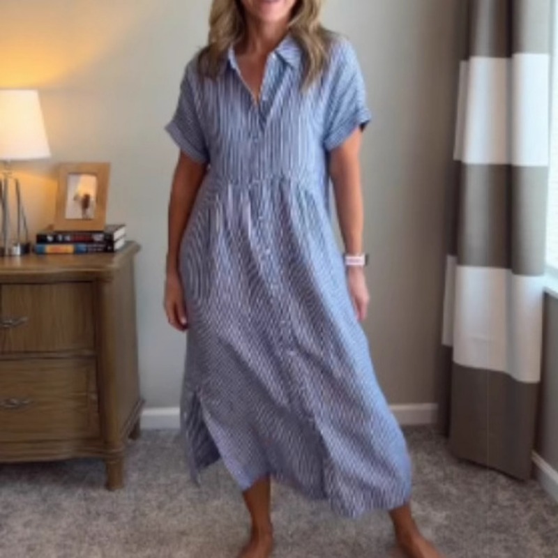 Casual Loose Linen Shirt Dress - Damen Gestreiftes Hemdkleid Sommer Locker Geschnitten