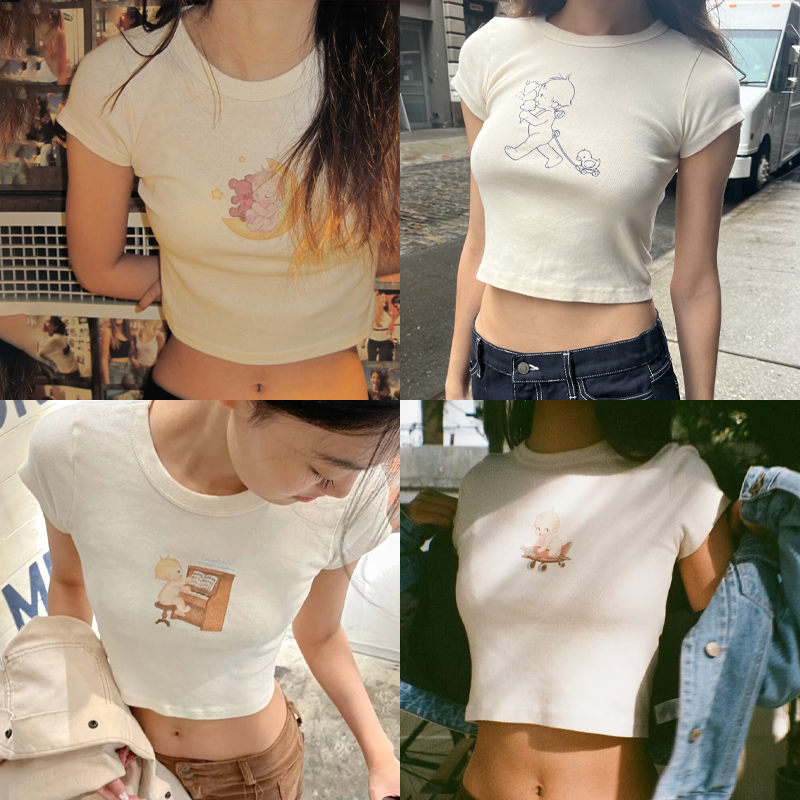Y2K Graphic Baby Tee Crop - Engel Baby Grafik schlanke T-Shirts Frauen