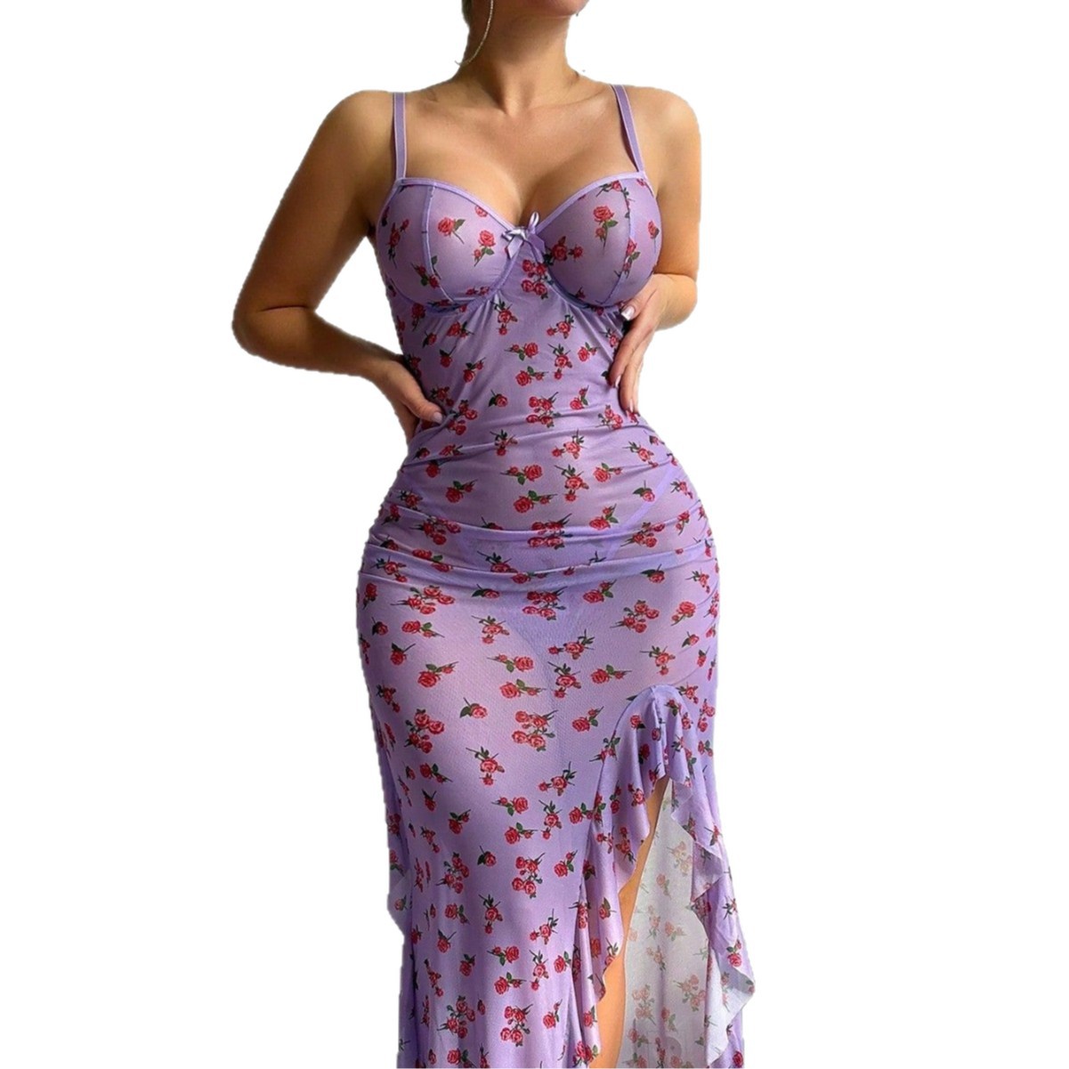 Sexy Mesh Sheer Bodycon Dress - Transparentes Netzstoff-Plus-Size-Dessous, lila Spitzenmuster, Netzstoff-Slip-Kleid, verführerisches,