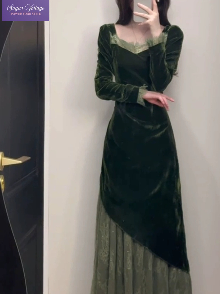 French Vintage Floral Midi Dress - Französisches Vintage-elegantes Samtkleid für Damen, Herbst