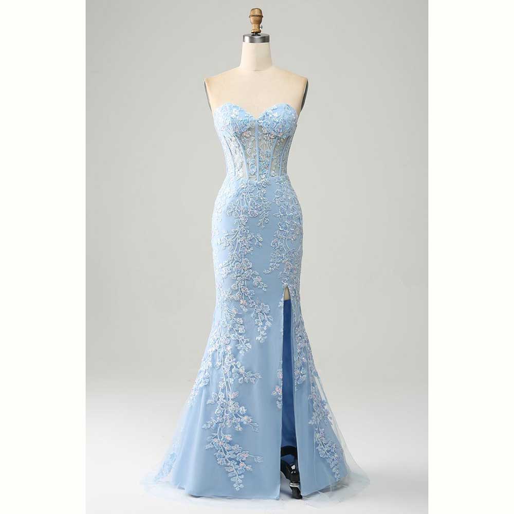 Elegante Hellblaue Satin Fraue – Elegant Satin Evening Gown Split Bewertung und Preis