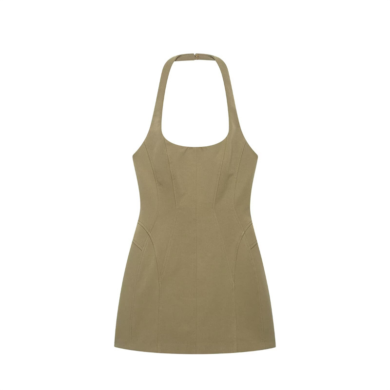 Damen Vintage Khaki Neckholder – Y2K Backless Halter Mini Dress Bewertung und Preis