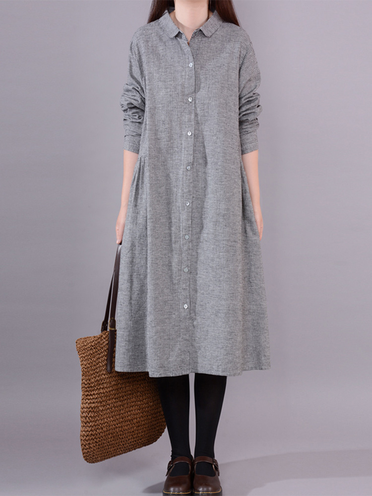 Damen Langarm Baumwolle-Leinen – Korean Style A Line Shirt Dress Bewertung und Preis