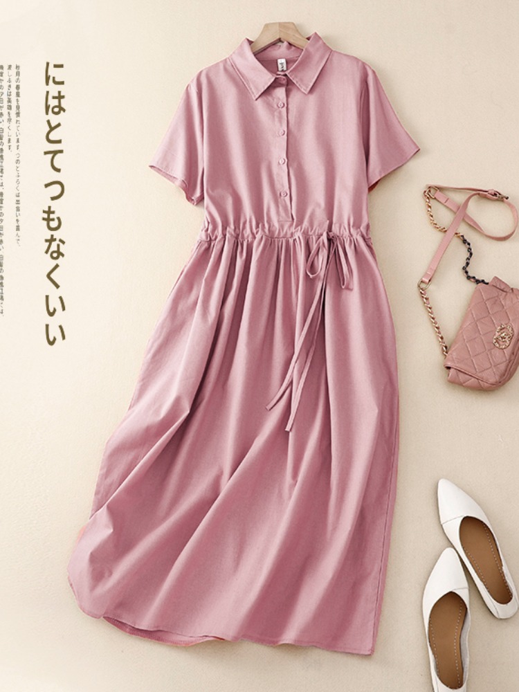 Outlet Baumwoll-Leinen Damenkl – Korean Style A Line Shirt Dress Bewertung und Preis