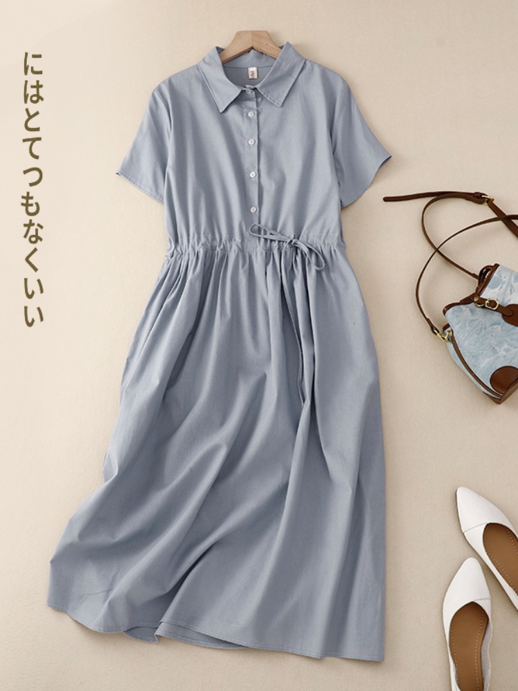 Outlet Baumwoll-Leinen Damenkl – Korean Style A Line Shirt Dress Bewertung und Preis