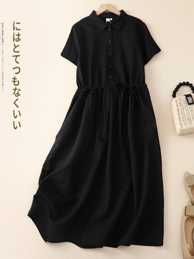 Outlet Baumwoll-Leinen Damenkl – Korean Style A Line Shirt Dress Bewertung und Preis